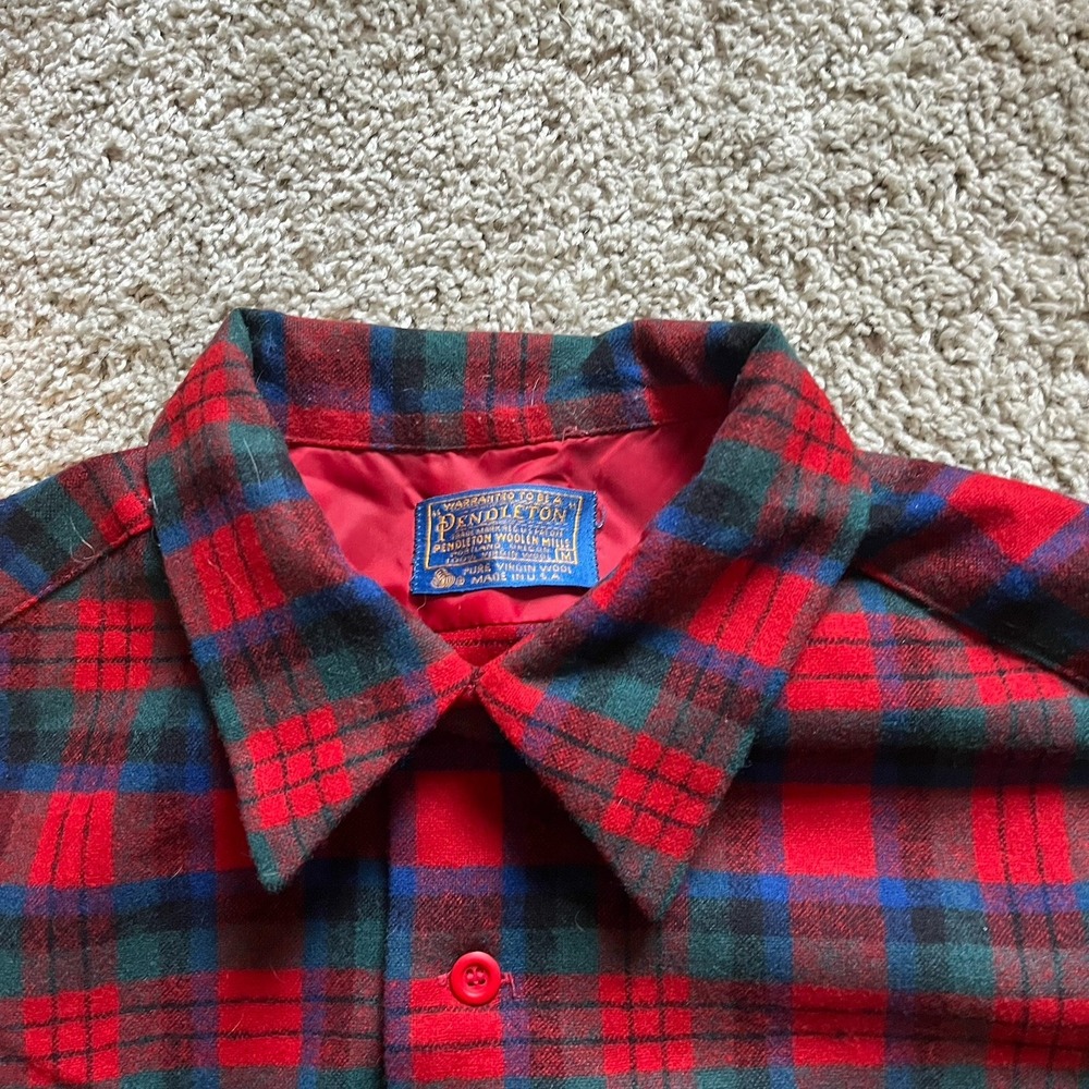 VTG 70s‎ Pendleton Board Shirt Red Plaid Wool Flannel Men's M USA Loop Collar - Picture 2 of 9